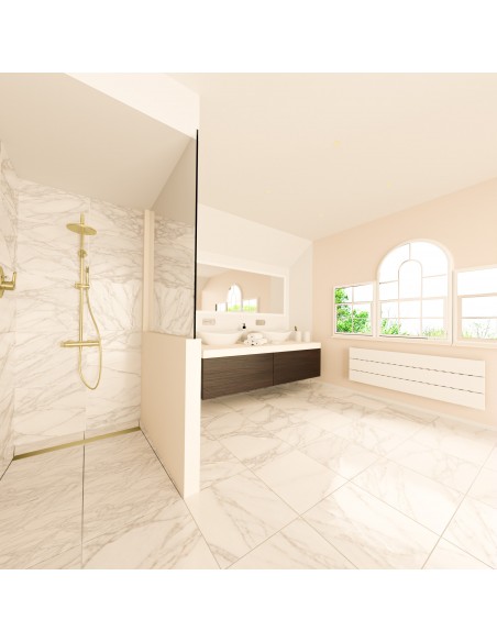 Bright bathroom concept with open shower area, finished with large-format tiles accessories in Brass