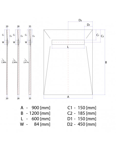 Technical diagram: Showerlay Wiper 900 x 1200 mm Elite PVD Ponente Brass