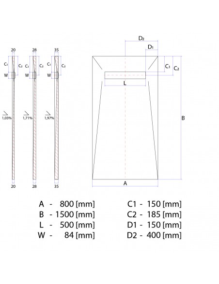 Technical diagram: Showerlay Wiper 800 x 1500 mm Elite PVD Ponente Brass