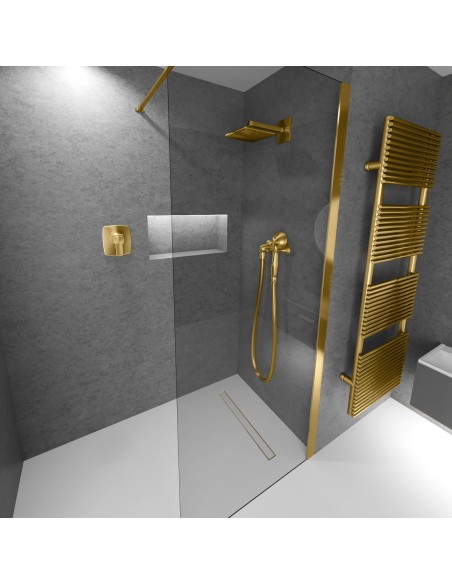 Modern shower room with gray walls and light microcement flooring, combined with bathroom fittings in Brass