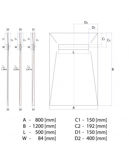 Technical diagram: Resinbase Wiper 800 x 1200 mm MCR PVD Ponente Gold