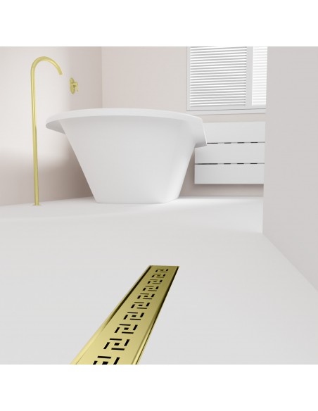 Open bathroom with bathtub and integrated shower drain in Gold in light microcement flooring