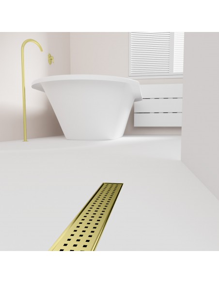 Open bathroom with bathtub and integrated shower drain in Gold in light microcement flooring