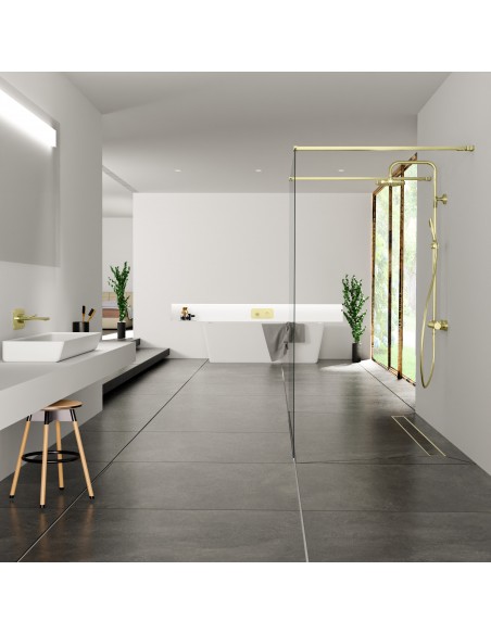 Luxurious bathroom in black and white color scheme including a walk-in shower in the middle of the room - tiled cover side
