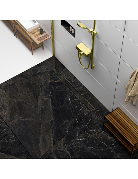 Modern shower area with black marble-look tiles and shower channel and fittings in Gold - tiled cover side