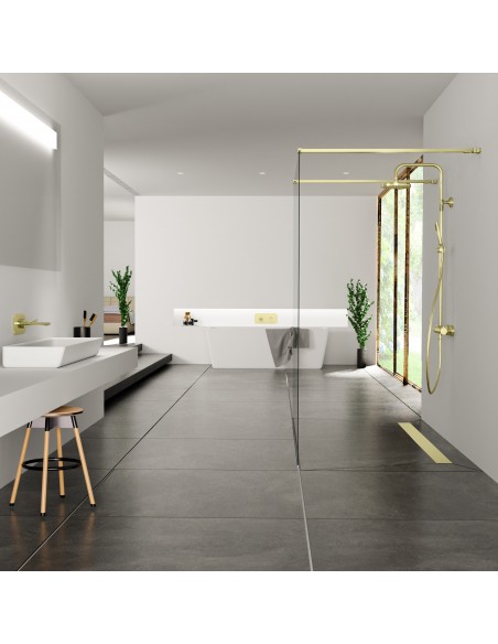 Luxurious bathroom in black and white color scheme including a walk-in shower in the middle of the room - solid cover side
