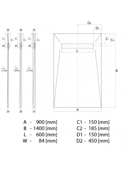 Technical diagram: Showerlay Wiper 900 x 1400 mm Elite PVD Ponente Gold