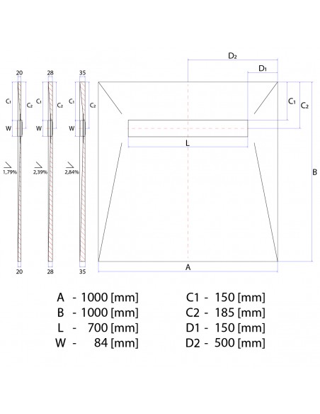 Technical diagram: Showerlay Wiper 1000 x 1000 mm Elite PVD Mistral Silver