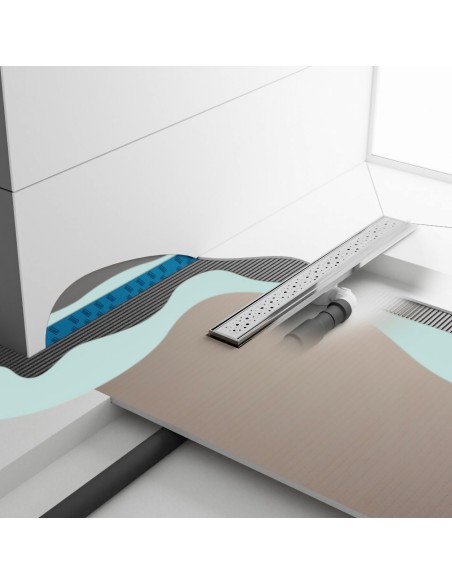 Modern Minimalist Wet Room with Showerlay Elite PVD Mistral Silver, showing installation layers