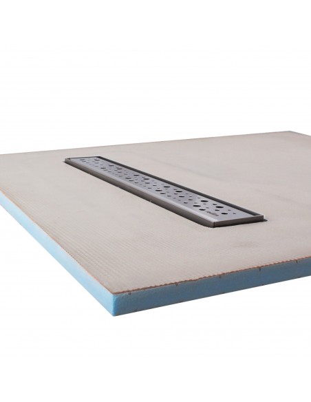 Side view of shower tray with integrated 700 mm Silver linear drain and Mistral cover