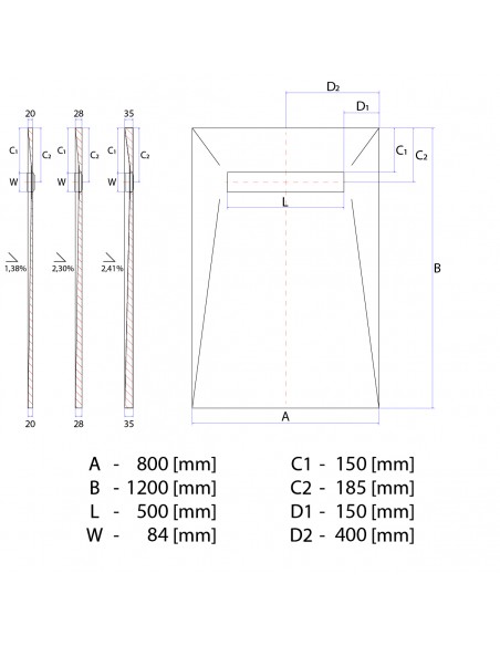 Technical diagram: Showerlay Wiper 800 x 1200 mm Elite PVD Mistral Silver