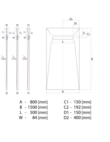 Technical diagram: Resinbase Wiper 800 x 1500 mm MCR PVD Ponente Gold