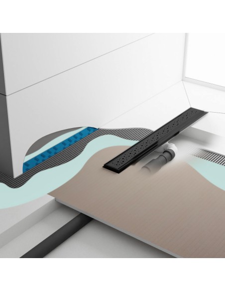 Modern Minimalist Wet Room with Showerlay Elite PVD Mistral Black, showing installation layers