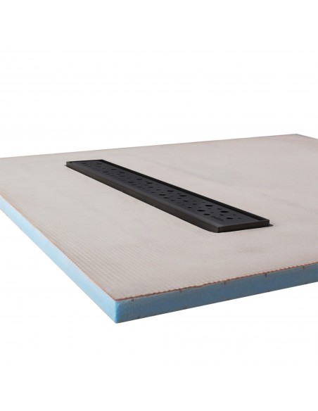 Side view of shower tray with integrated 600 mm Black linear drain and Mistral cover