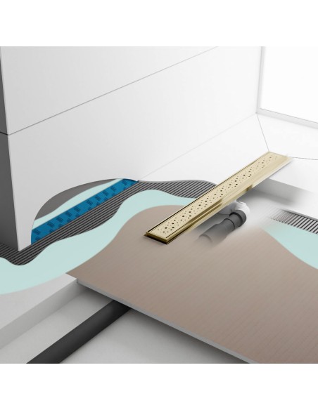 Modern Minimalist Wet Room with Showerlay Elite PVD Mistral Brass, showing installation layers