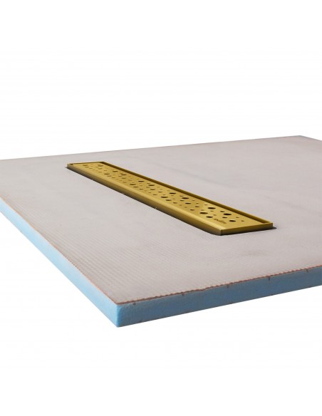 Side view of shower tray with integrated 900 mm Brass linear drain and Mistral cover