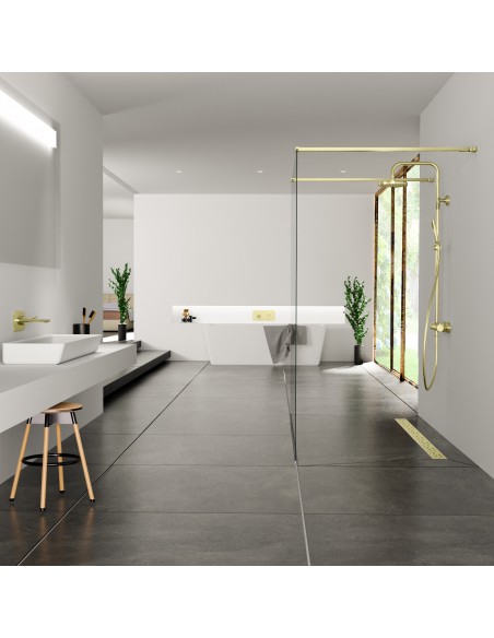 Luxurious bathroom in black and white color scheme including a walk-in shower in the middle of the room