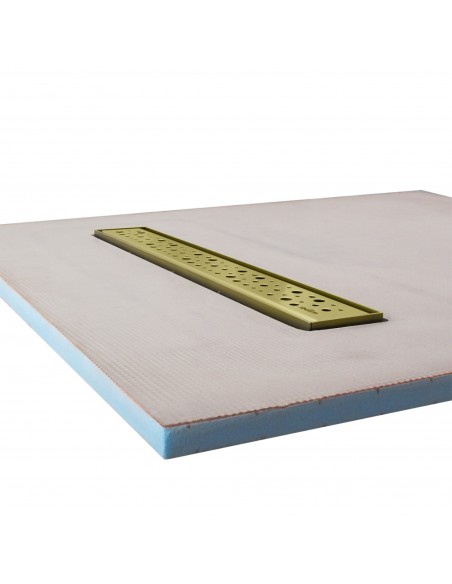 Side view of shower tray with integrated 600 mm Gold linear drain and Mistral cover