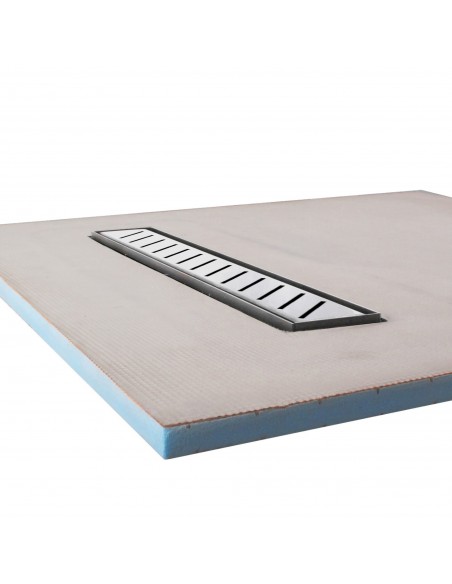 Side view of shower tray with integrated 500 mm Silver linear drain and Zonda cover