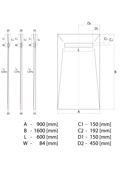 Technical diagram: Resinbase Wiper 900 x 1600 mm MCR PVD Ponente Silver