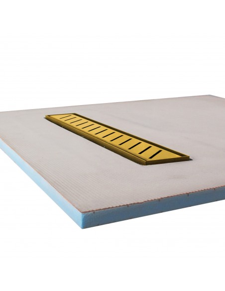 Side view of shower tray with integrated 600 mm Brass linear drain and Zonda cover