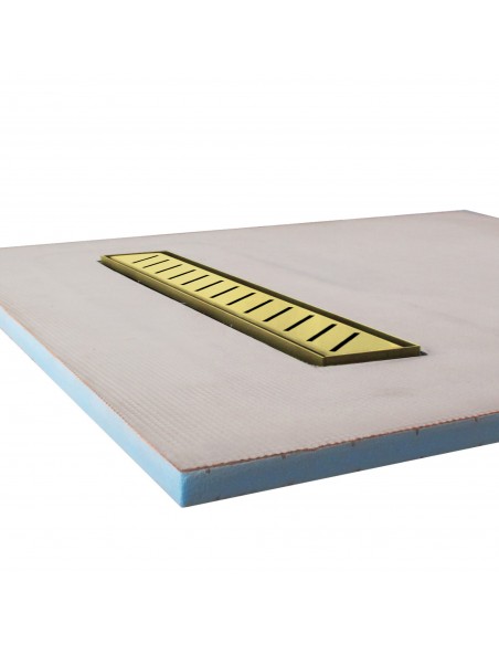 Side view of shower tray with integrated 500 mm Gold linear drain and Zonda cover