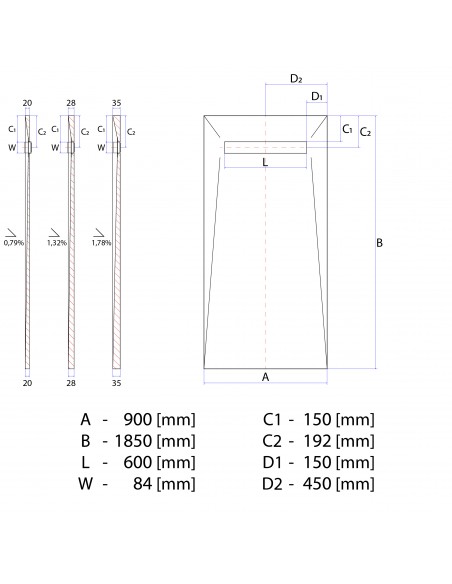 Technical diagram: Resinbase Wiper 900 x 1850 mm MCR PVD Reversible Gold