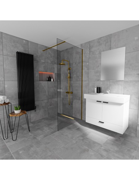 Timeless bathroom in washed-out gray and a walk-in shower area with linear drain in Brass
