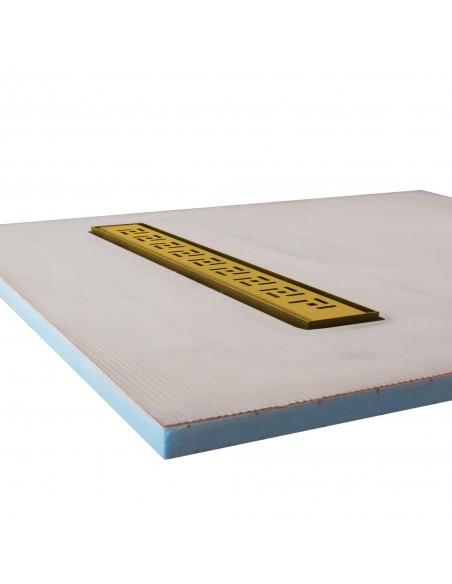 Side view of shower tray with integrated 500 mm Brass linear drain and Tivano cover