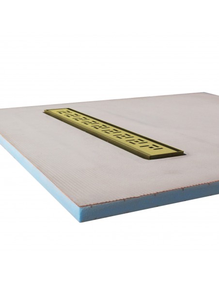 Side view of shower tray with integrated 700 mm Gold linear drain and Tivano cover
