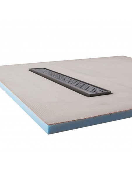 Side view of shower tray with integrated 900 mm Silver linear drain and Sirocco cover