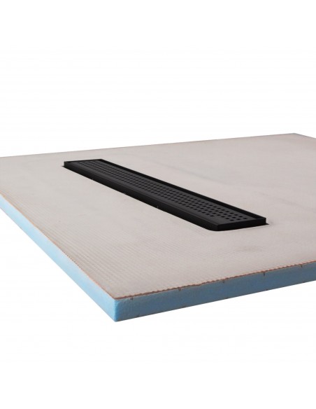Side view of shower tray with integrated 900 mm Black linear drain and Sirocco cover