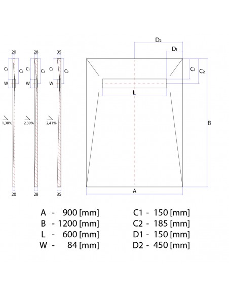 Technical diagram: Showerlay Wiper 900 x 1200 mm Elite PVD Sirocco Brass