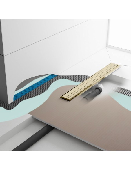 Modern Minimalist Wet Room with Showerlay Elite PVD Sirocco Brass, showing installation layers