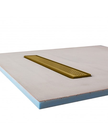 Side view of shower tray with integrated 700 mm Brass linear drain and Sirocco cover