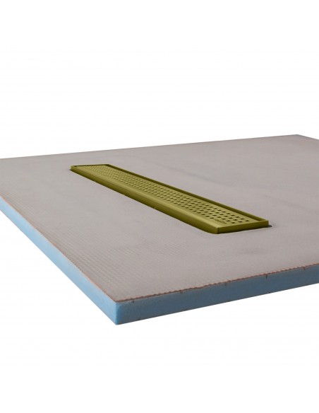 Side view of shower tray with integrated 600 mm Gold linear drain and Sirocco cover