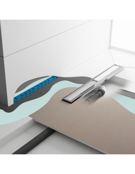 Modern Minimalist Wet Room with Showerlay Elite PVD Reversible Silver, showing installation layers