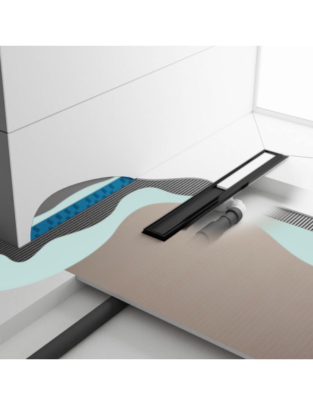 Modern Minimalist Wet Room with Showerlay Elite PVD Reversible Black, showing installation layers