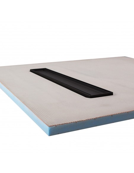 Side view of shower tray with integrated 700 mm Black linear drain and Reversible cover