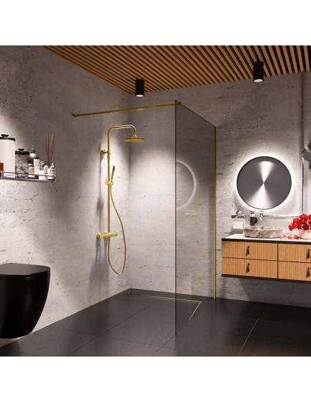 Bathroom inspiration in a dark colour concept combined with warm wooden elements and fittings in Brass - tiled cover side