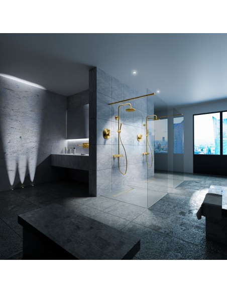Aesthetic bathroom in blue-grey with a spacious double shower and fittings in Brass - tiled cover side