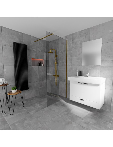 Timeless bathroom in washed-out gray and a walk-in shower area with linear drain in Brass - tiled cover side