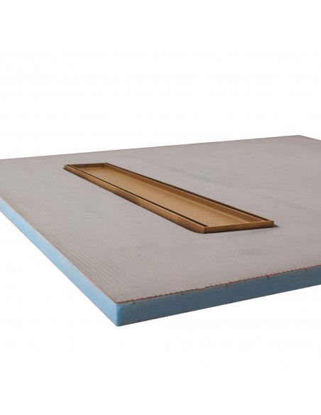 Side view of shower tray with integrated 700 mm Brass linear drain and Reversible cover