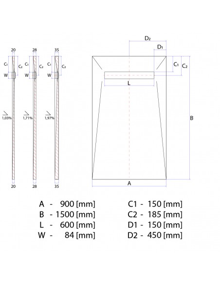 Technical diagram: Showerlay Wiper 900 x 1500 mm Elite PVD Reversible Gold
