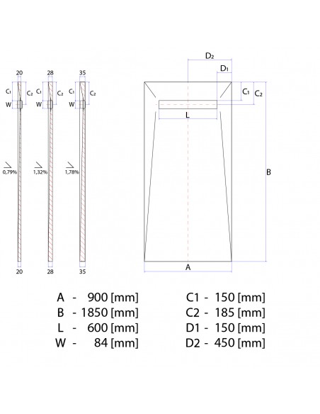 Technical diagram: Showerlay Wiper 900 x 1850 mm Elite PVD Reversible Gold