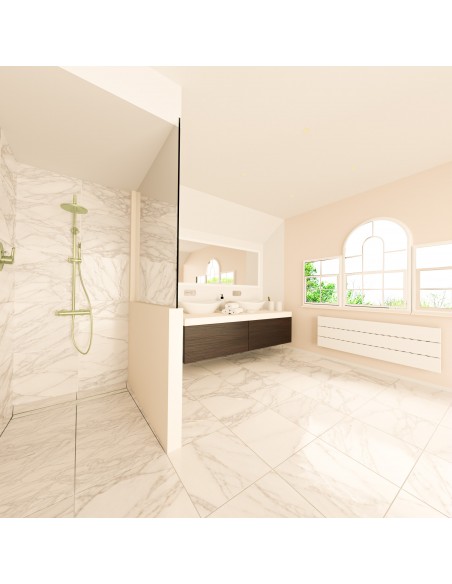 Bright bathroom concept with open shower area, finished with large-format tiles accessories in Gold - tiled cover side