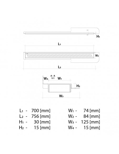 Technical drawing: Linear drain Wiper 700 Wall Upstand Zonda