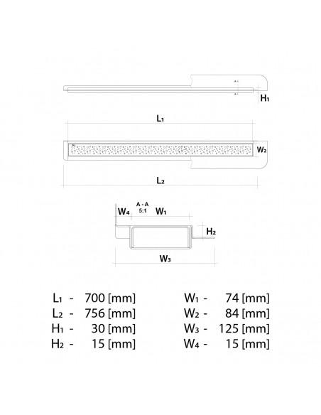 Technical drawing: Linear drain Wiper 700 Wall Upstand Mistral