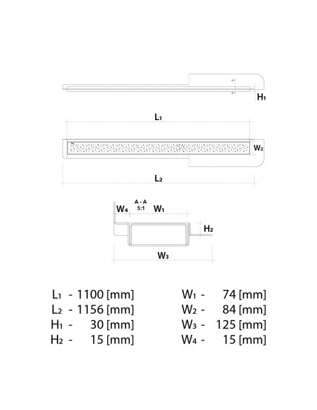 Technical drawing: Linear drain Wiper 1100 Wall Upstand Mistral