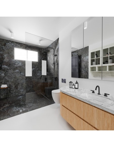 Example of a modern bathroom with dark shower area and instaled linear drain INTENSI 316 in Graphite